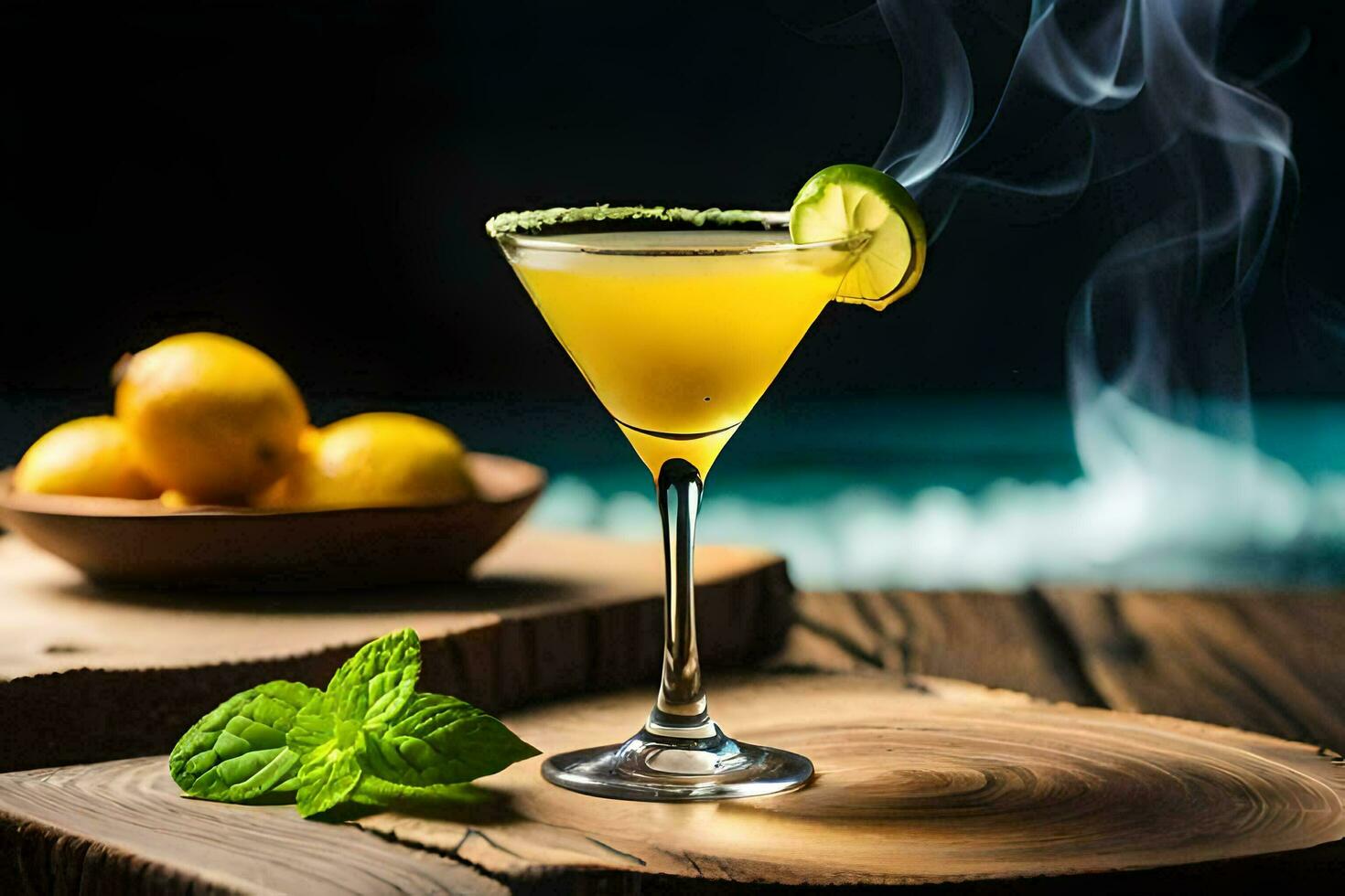 a cocktail with smoke and lemon on a wooden table. AI-Generated photo