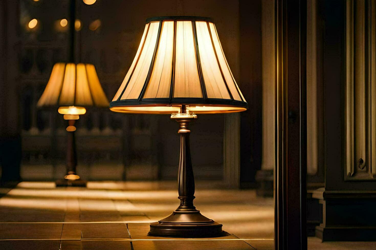 a lamp is sitting on a floor in a hallway. AI-Generated photo