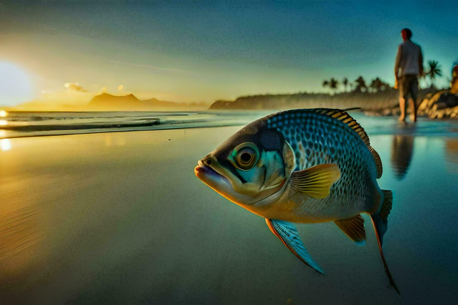 a fish is walking on the beach at sunset. AI-Generated photo