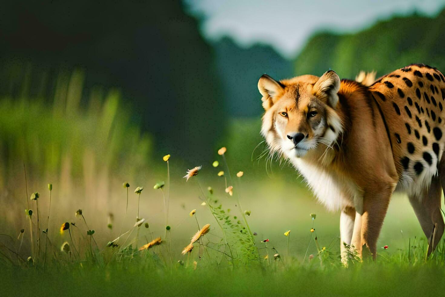 a large spotted leopard walking through a field. AI-Generated photo