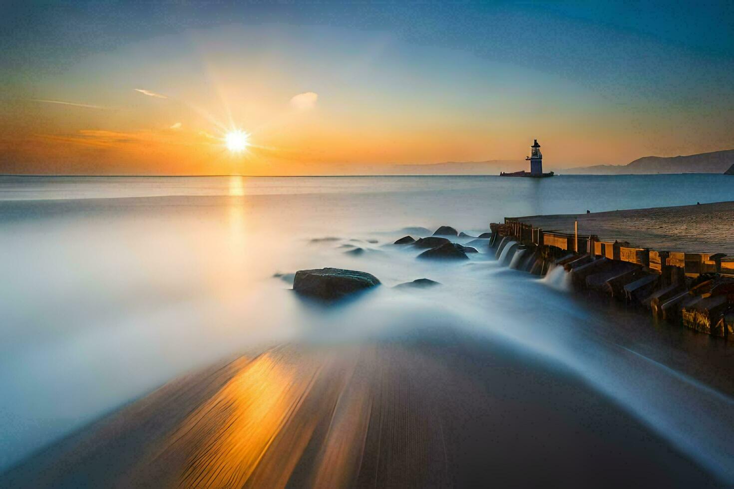 un largo exposición fotografía de un faro a puesta de sol. generado por ai foto