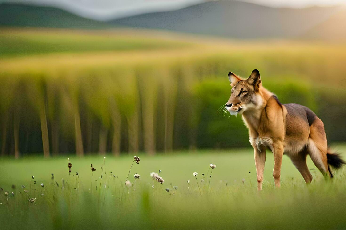 a wolf is standing in the grass in front of a field. AI-Generated photo