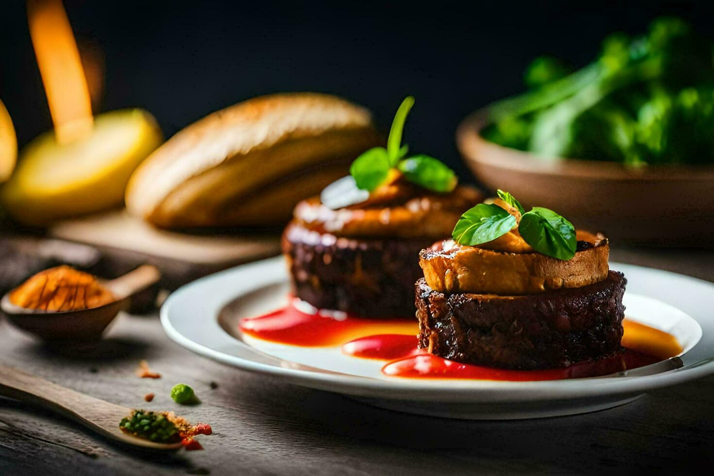two pieces of meat on a plate with sauce. AI-Generated photo