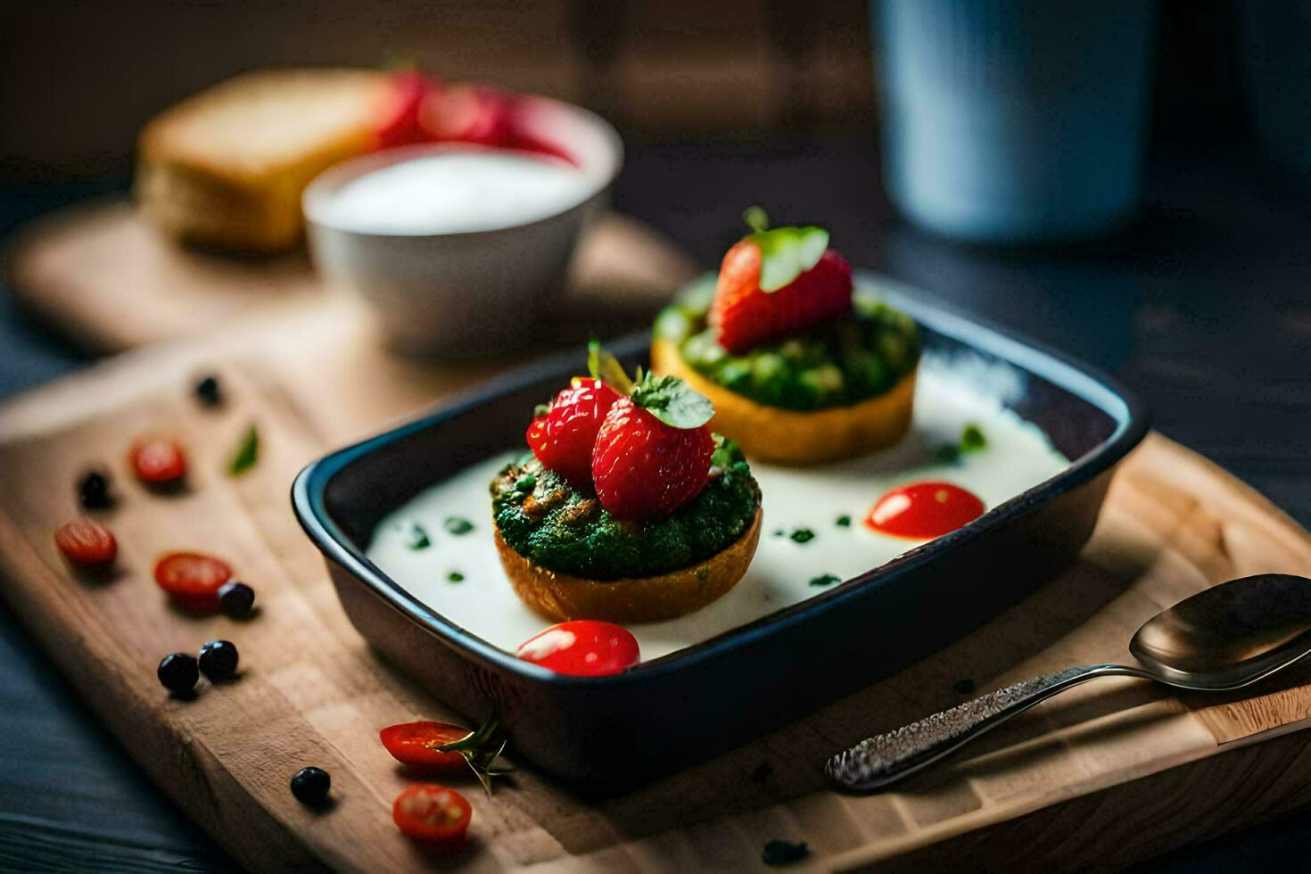 two small cakes with strawberries and cream on a wooden cutting board. AI-Generated photo