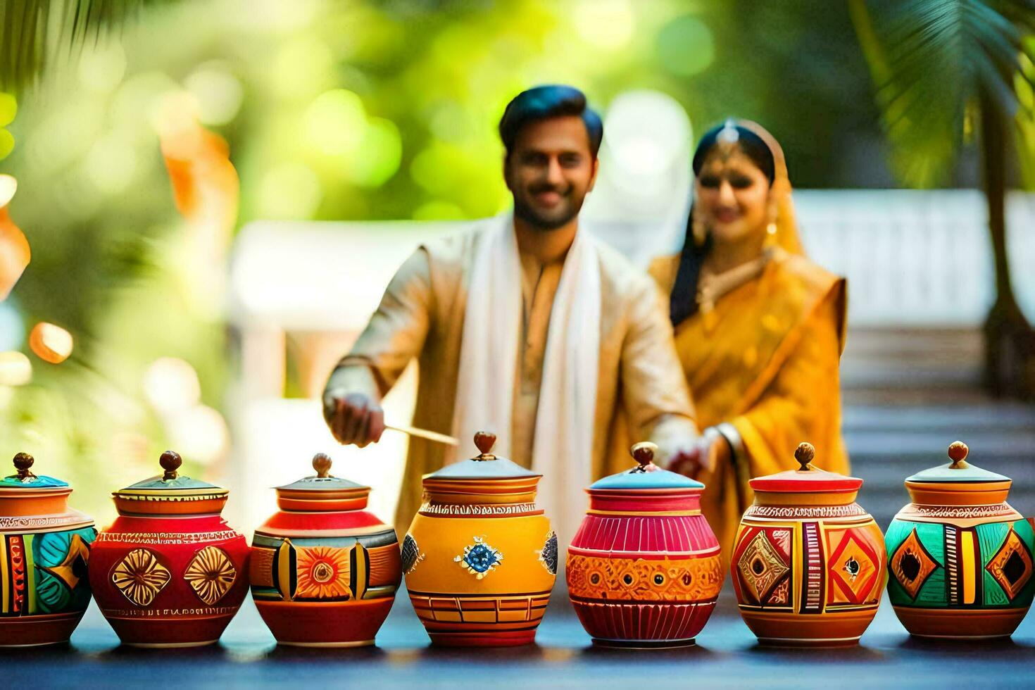 a couple in traditional indian attire are standing next to colorful pots. AI-Generated photo