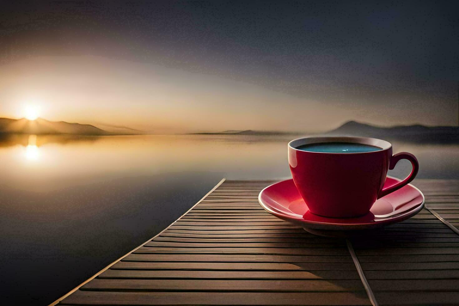a cup of coffee on the lake. AI-Generated photo