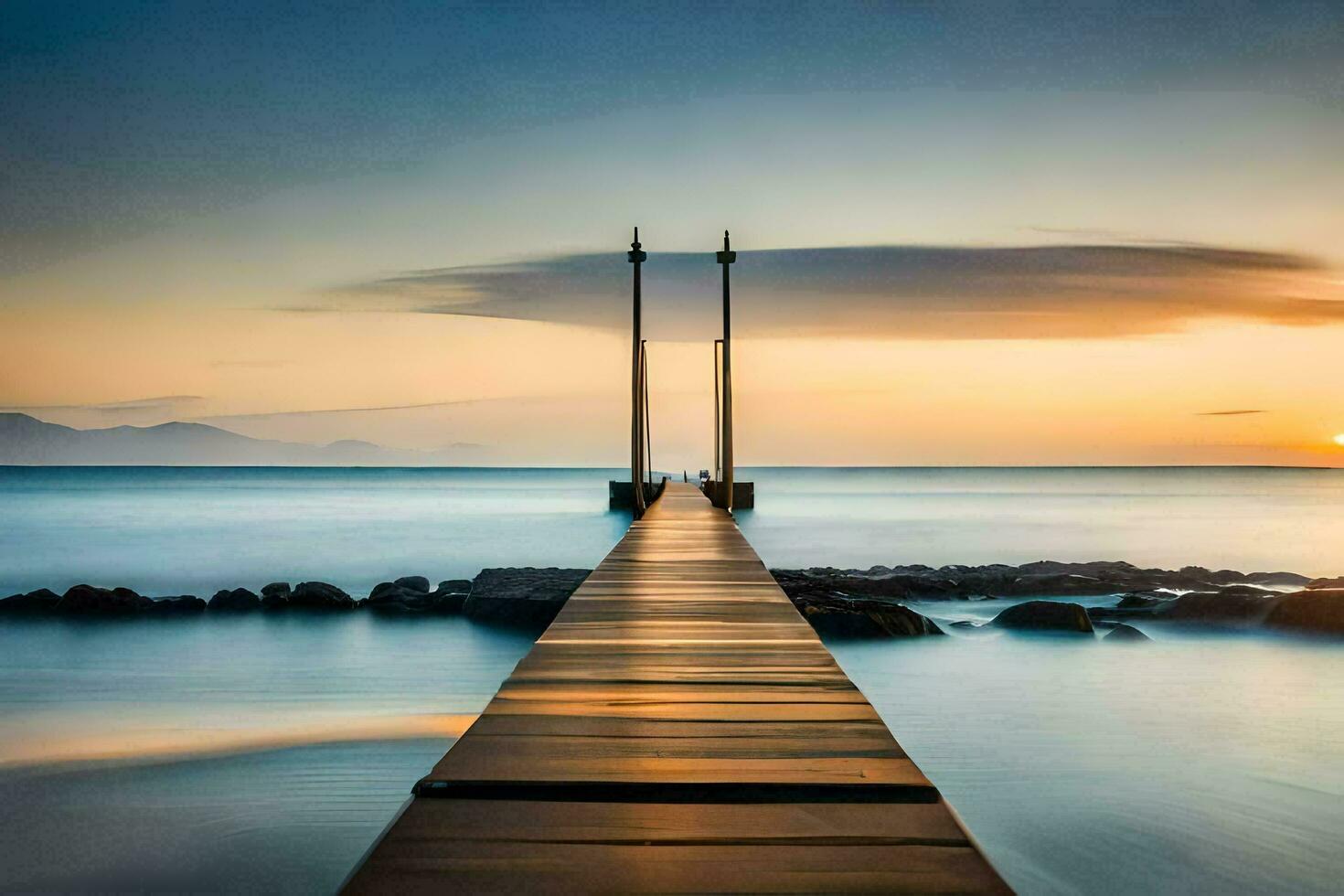 a long pier stretching into the ocean at sunset. AI-Generated photo