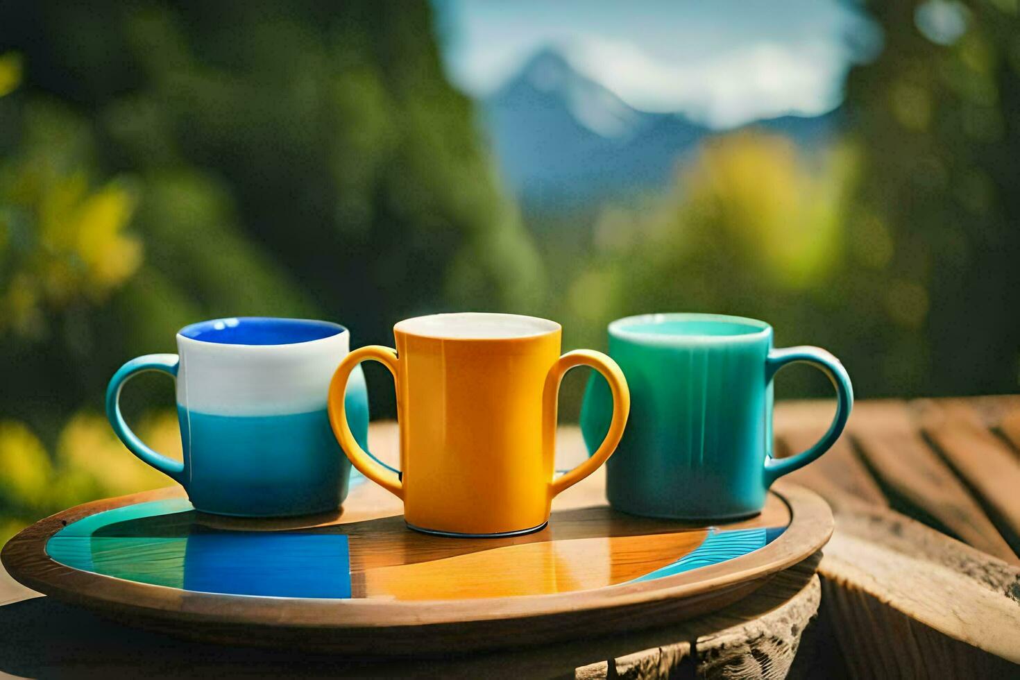 three colorful coffee mugs on a wooden tray. AI-Generated photo