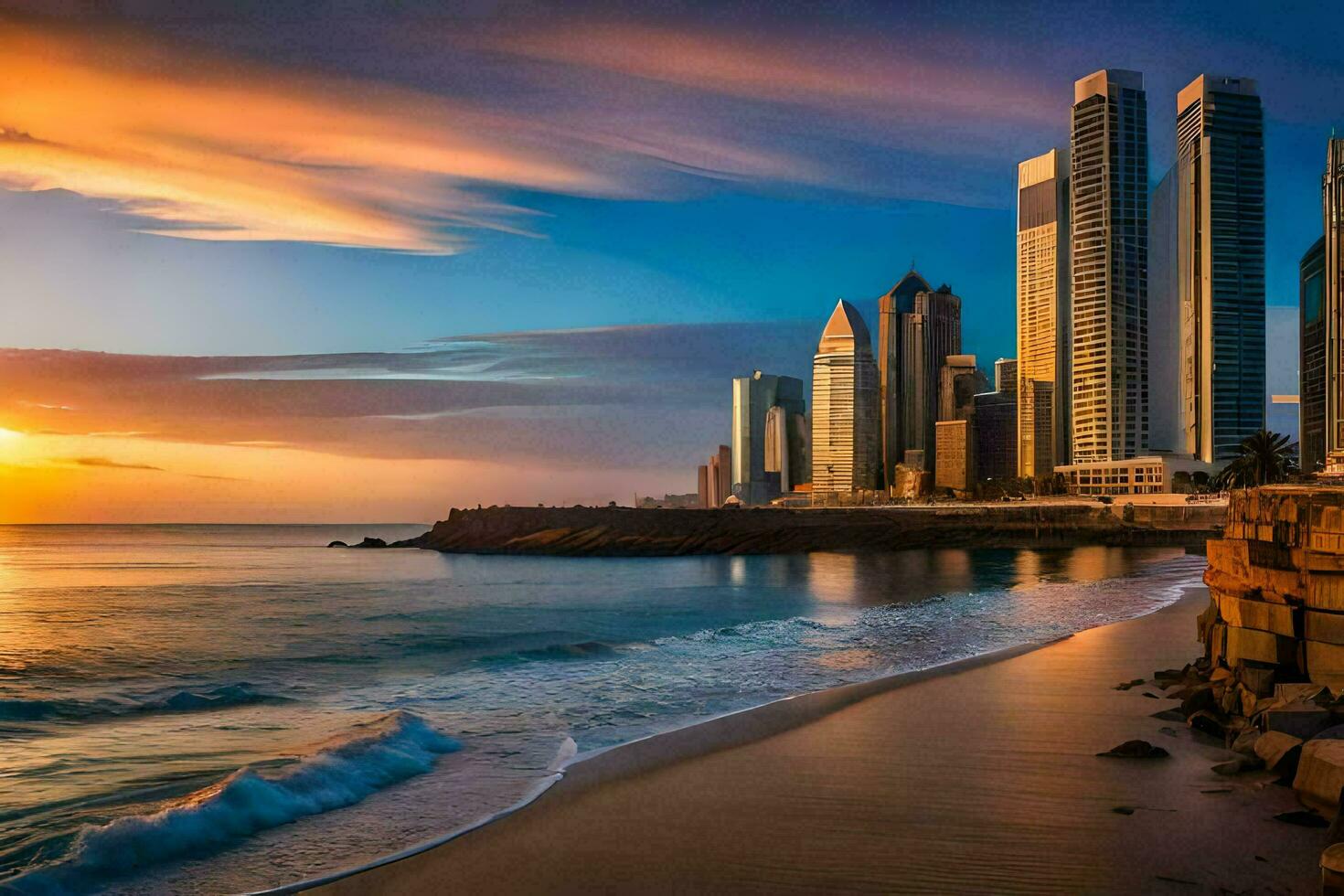 the sun sets over the city skyline in dubai. AI-Generated photo