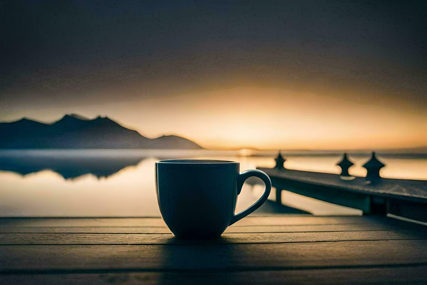 a cup of coffee on a dock at sunset. AI-Generated photo