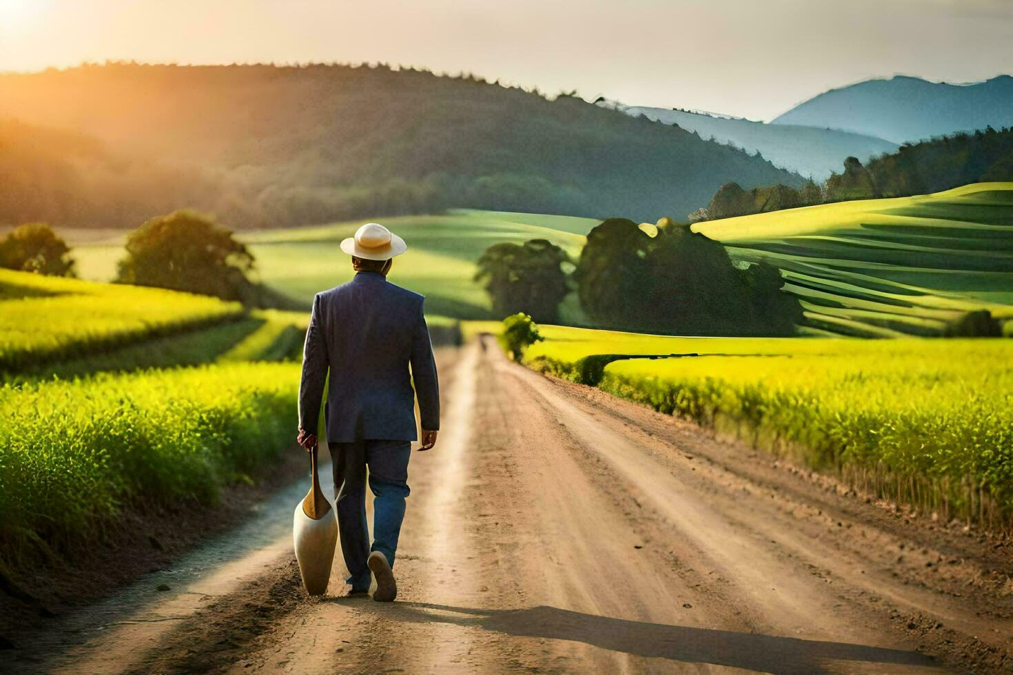 a man in a suit and hat walks down a dirt road. AI-Generated photo