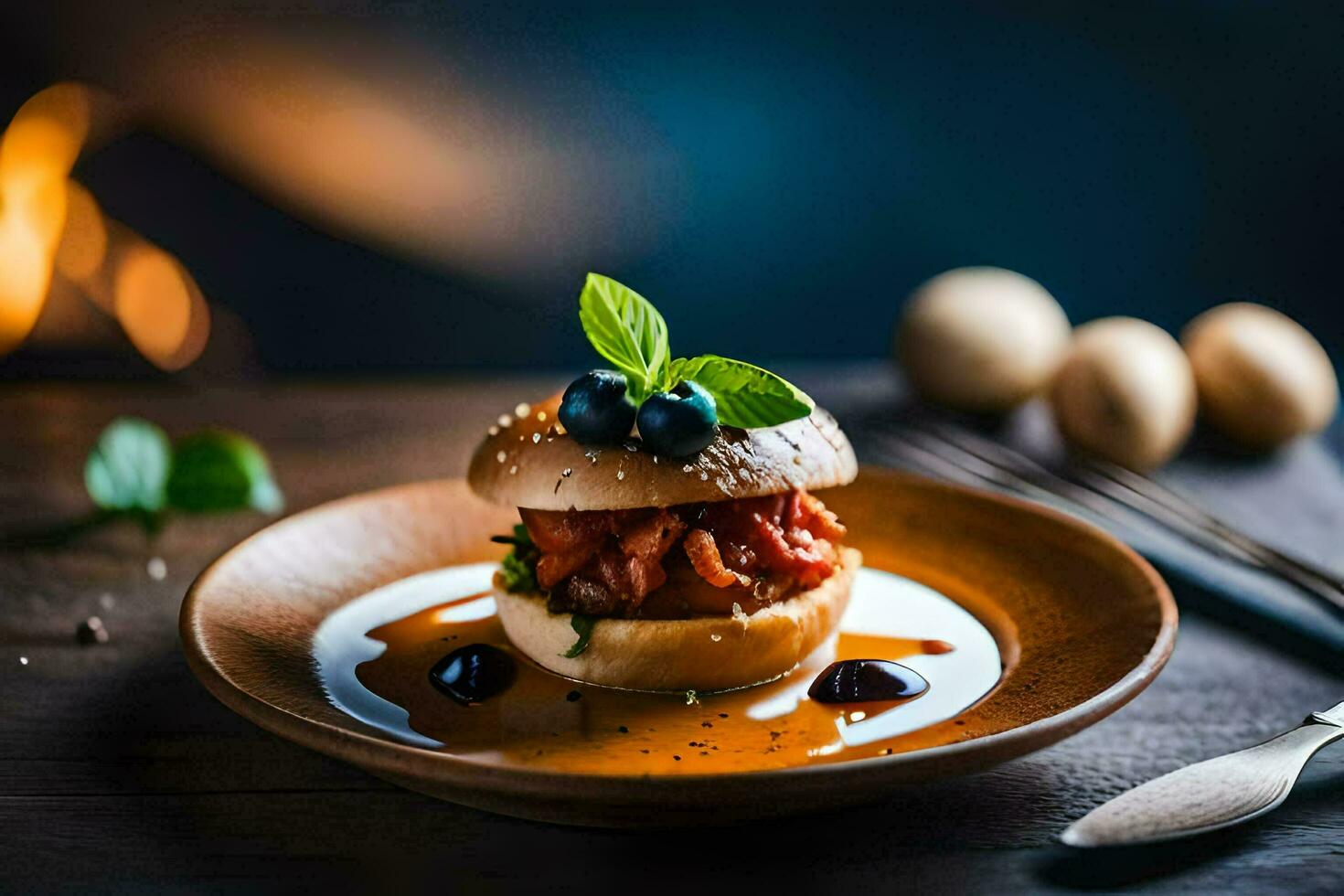 a sandwich with blueberries and tomatoes on a plate. AI-Generated photo