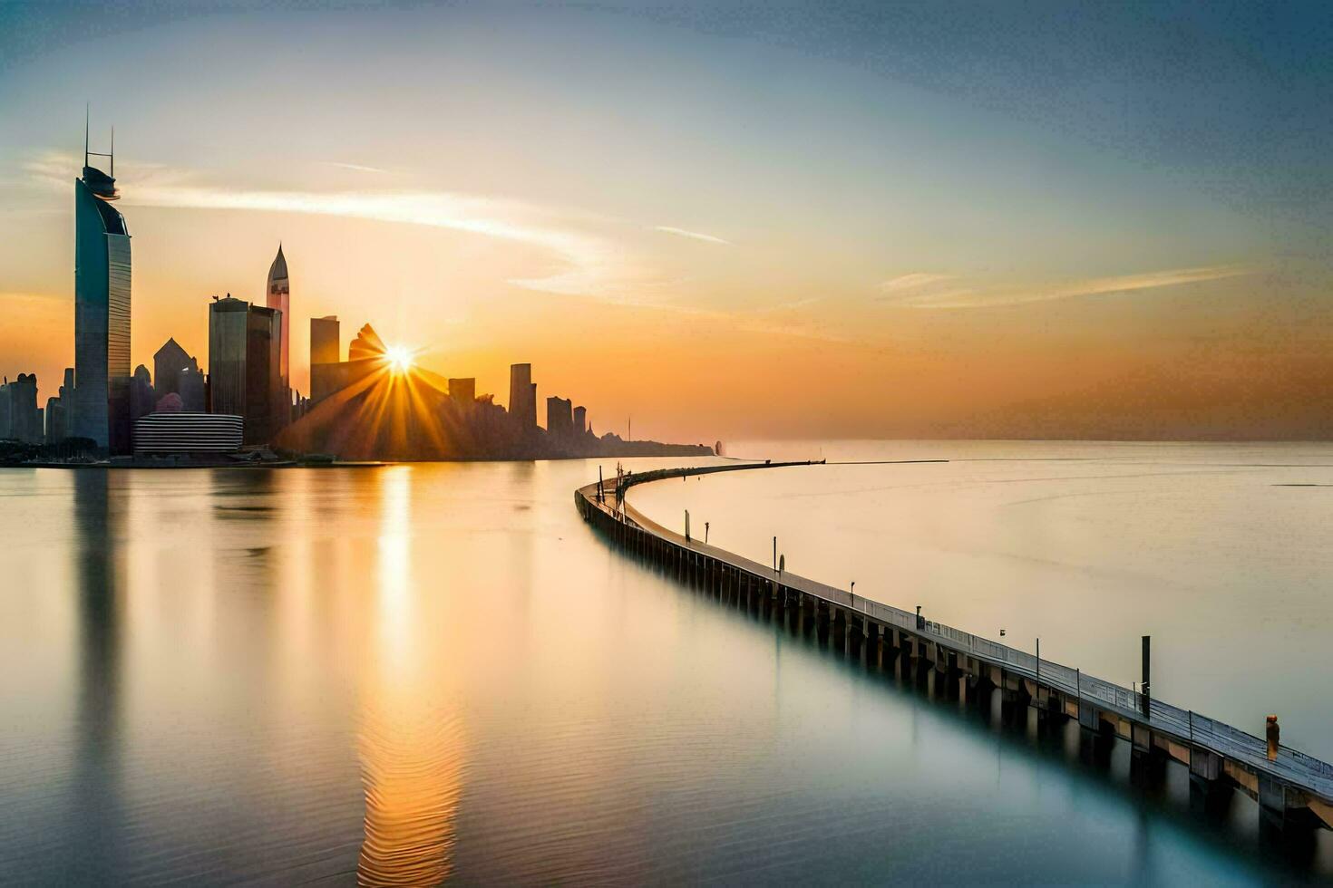 the sun rises over the city skyline in this photo. AI-Generated photo