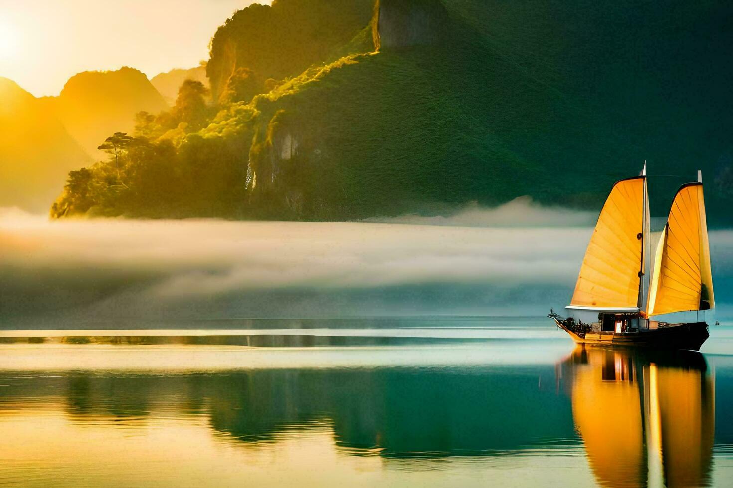 a boat floating in the water with mountains in the background. AI-Generated photo