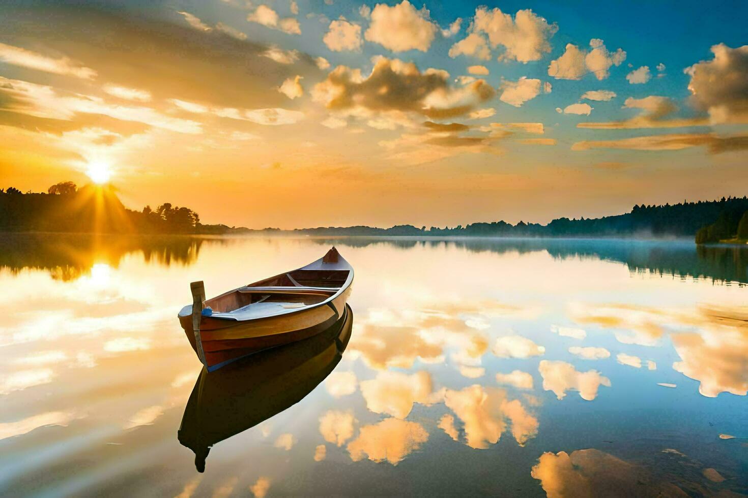 a boat on a lake at sunset. AI-Generated photo