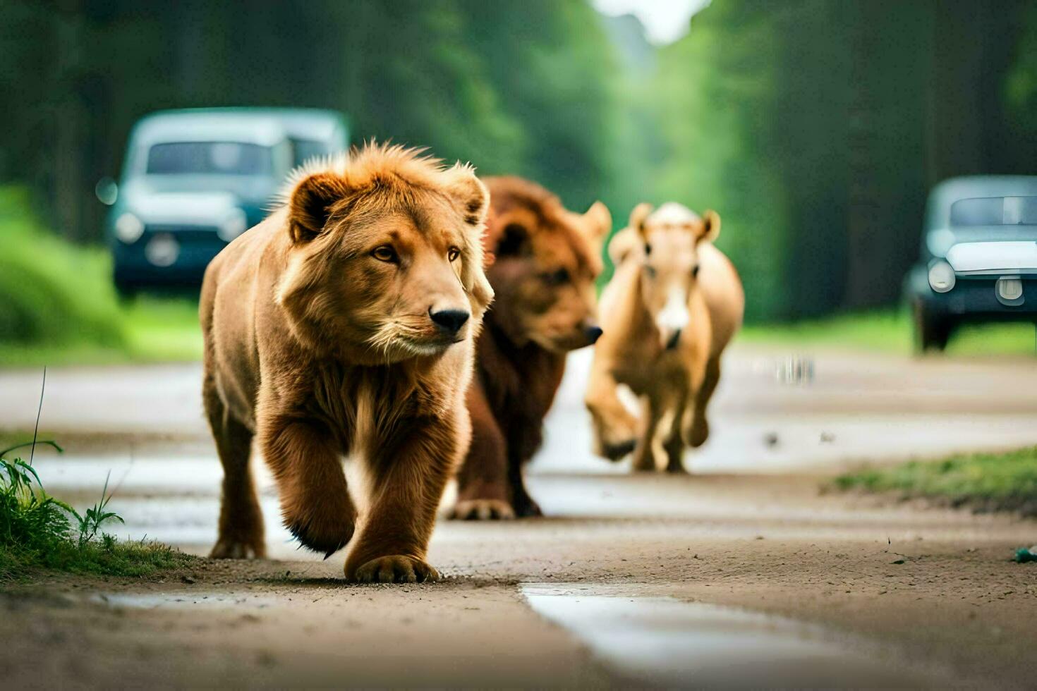 three lions walking down a road with a car in the background. AI-Generated photo