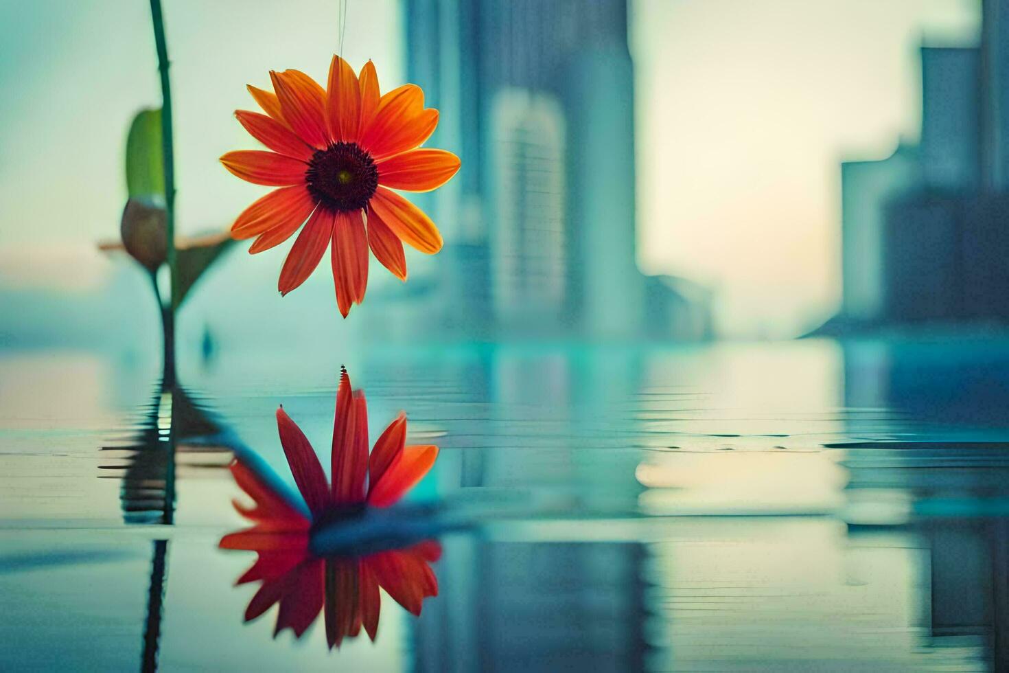 a flower is reflected in the water with a city in the background. AI-Generated photo