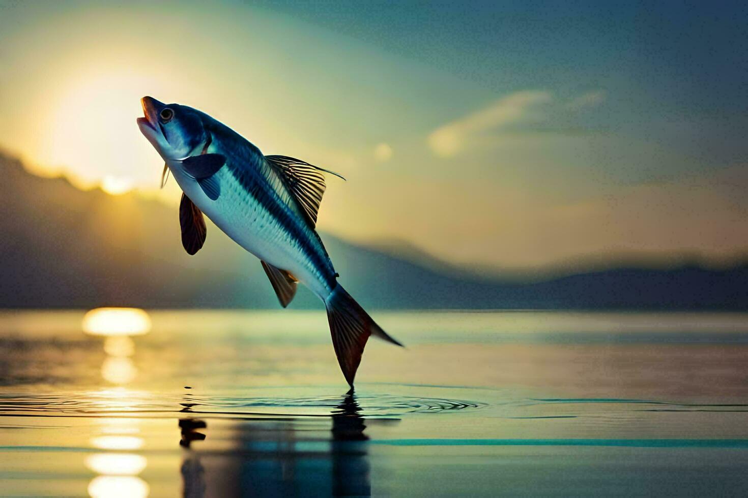 un pescado es saltando fuera de el agua a puesta de sol. generado por ai foto