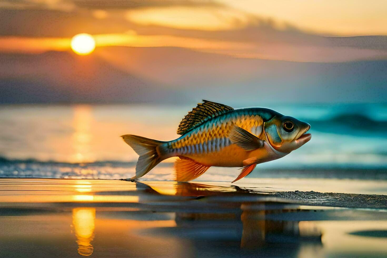 un pescado es en pie en el playa a puesta de sol. generado por ai foto