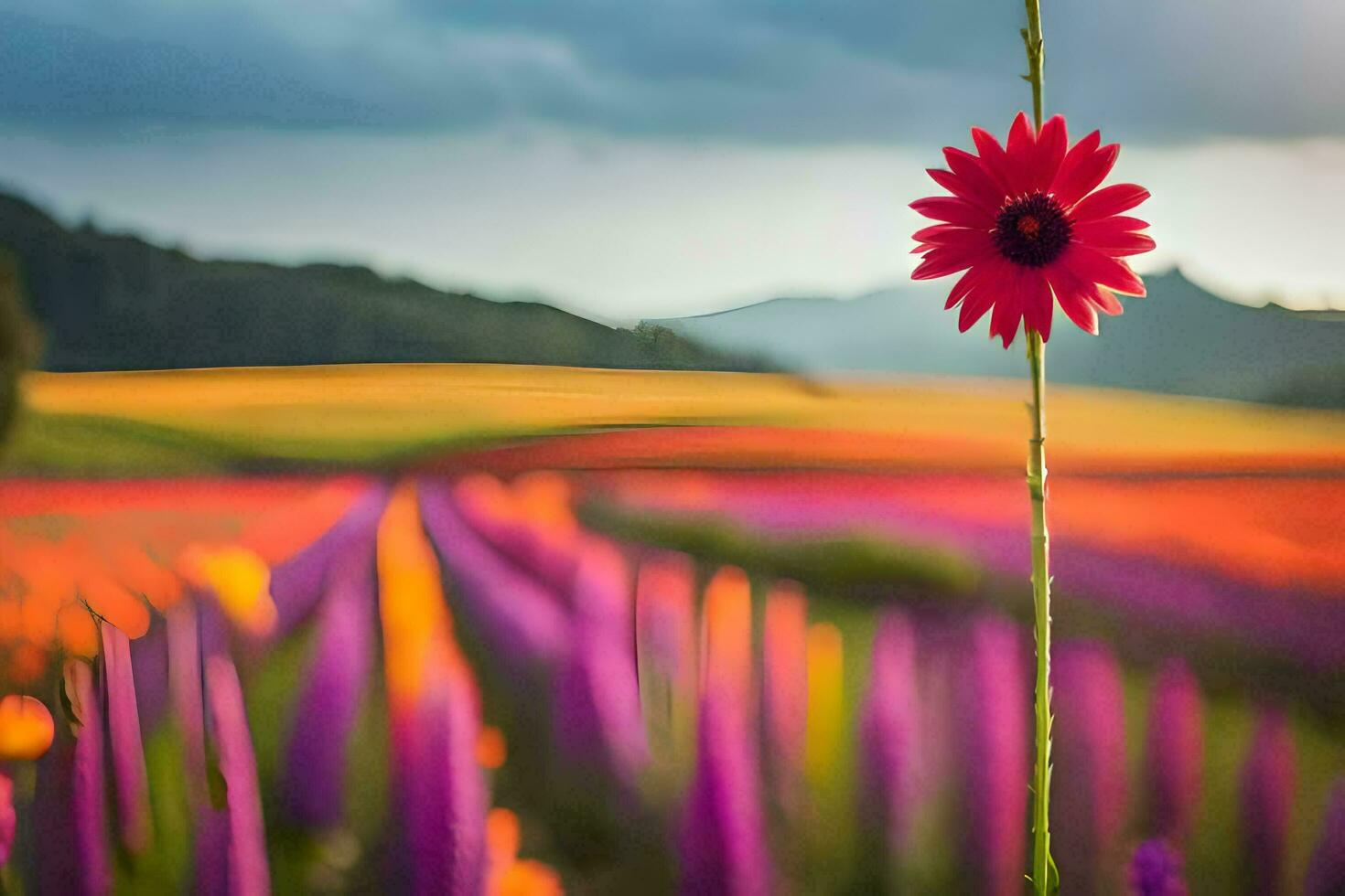 a red flower stands in the middle of a field. AI-Generated photo