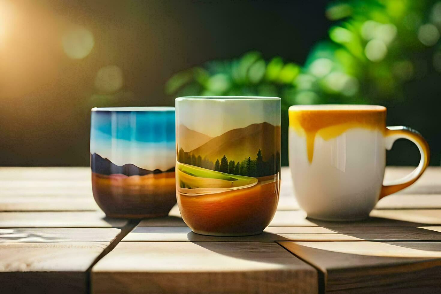 Tres café tazas con diferente diseños en a ellos. generado por ai foto