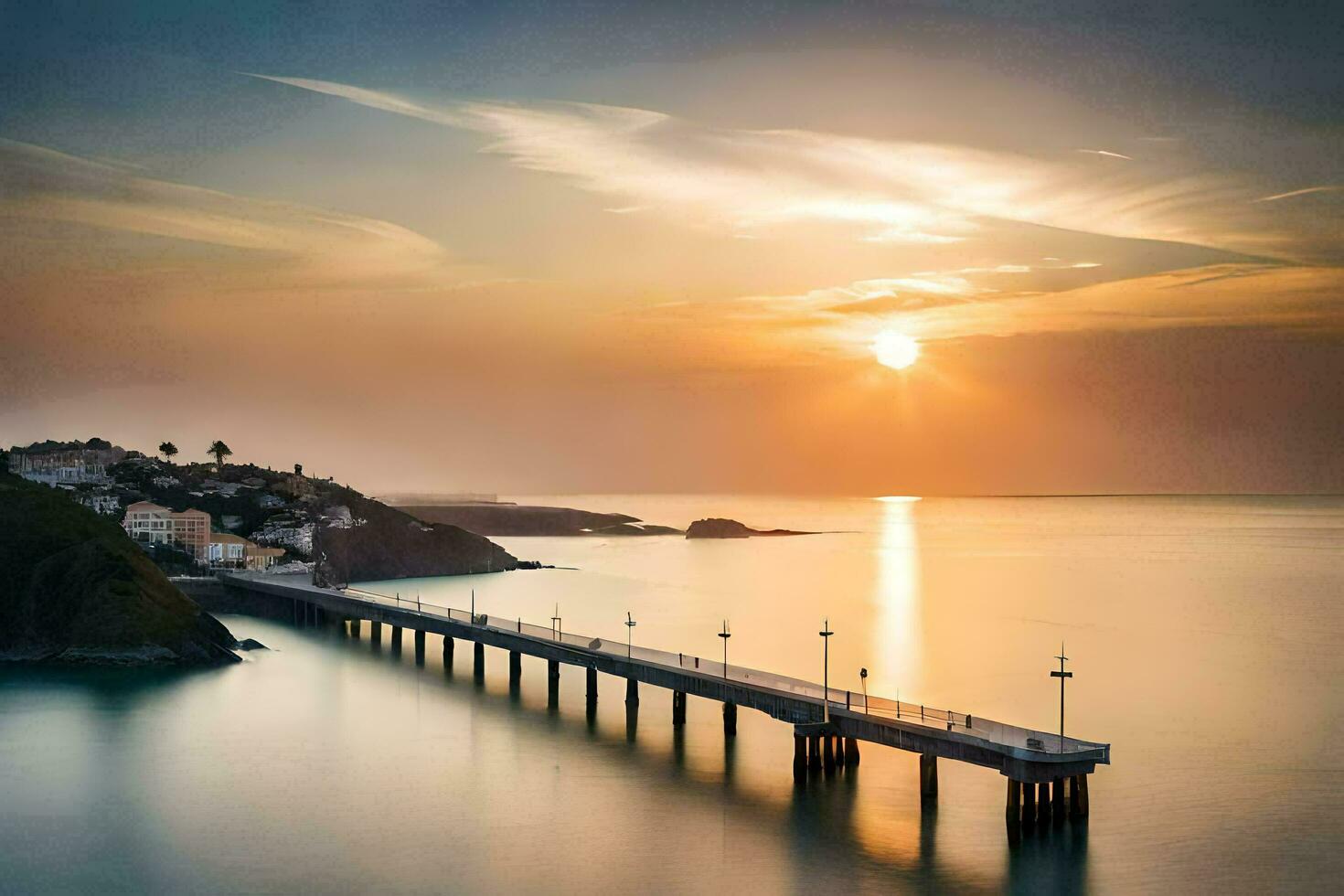 el Dom conjuntos terminado un muelle en el océano. generado por ai foto