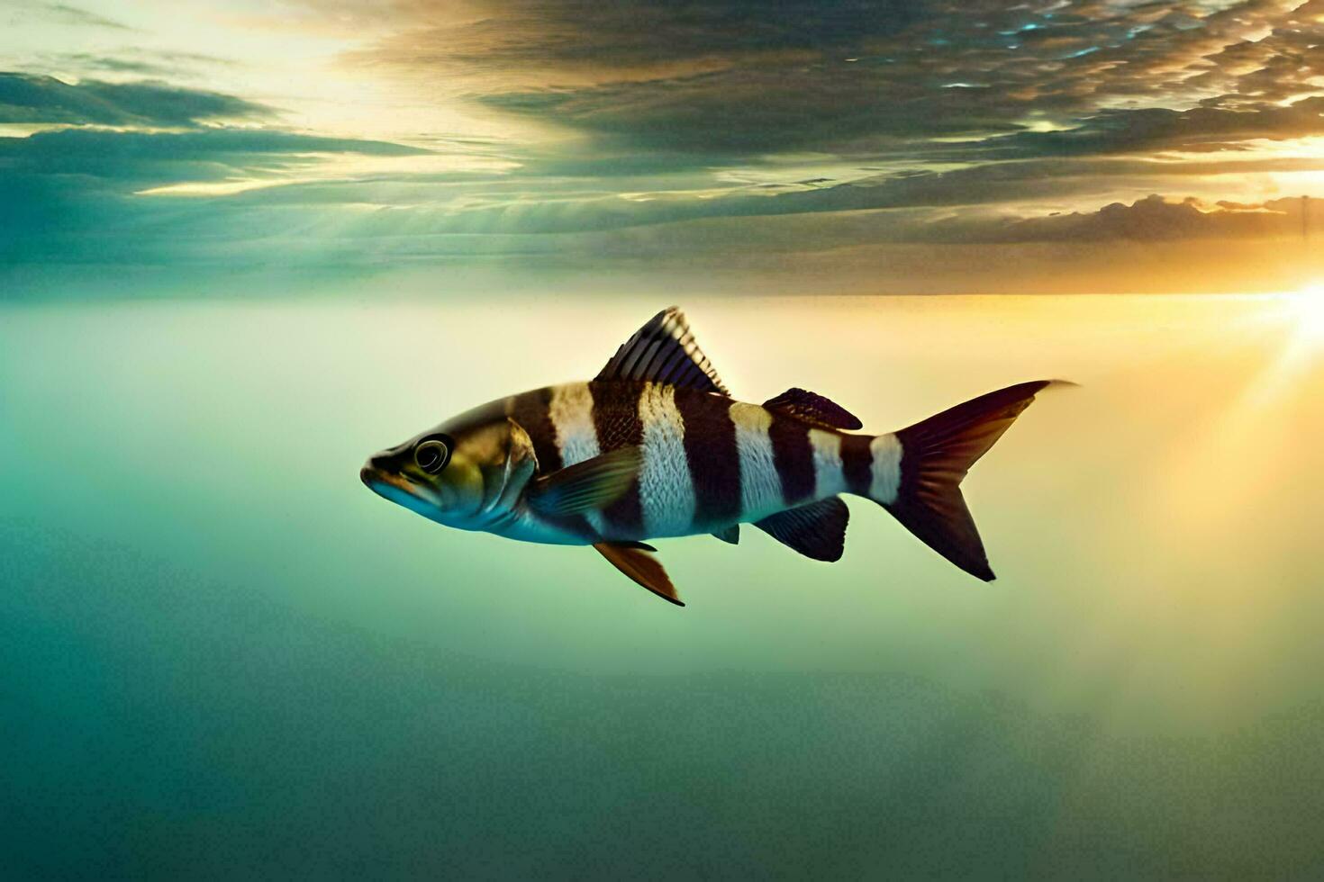 un pescado nadando en el Oceano a puesta de sol. generado por ai foto