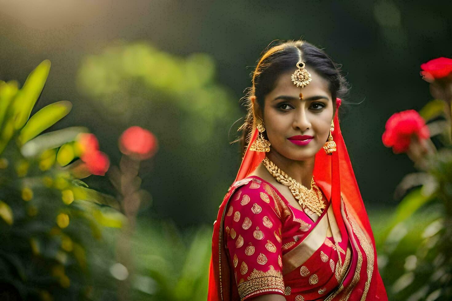 beautiful indian bride in red sari. AI-Generated photo