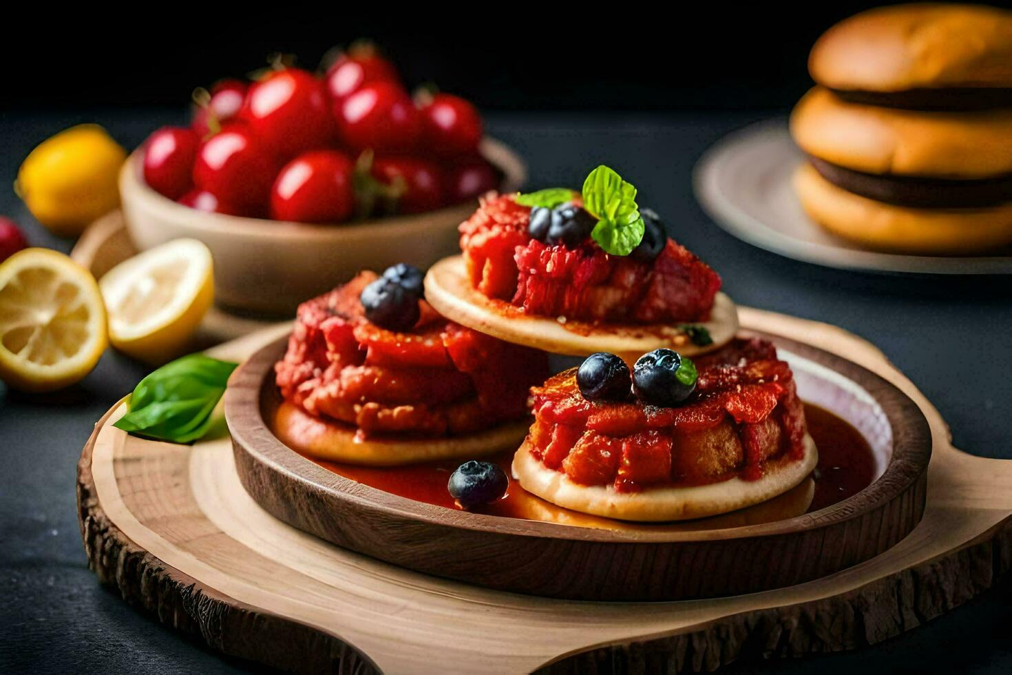 three hamburgers with tomatoes and blueberries on a wooden plate. AI-Generated photo