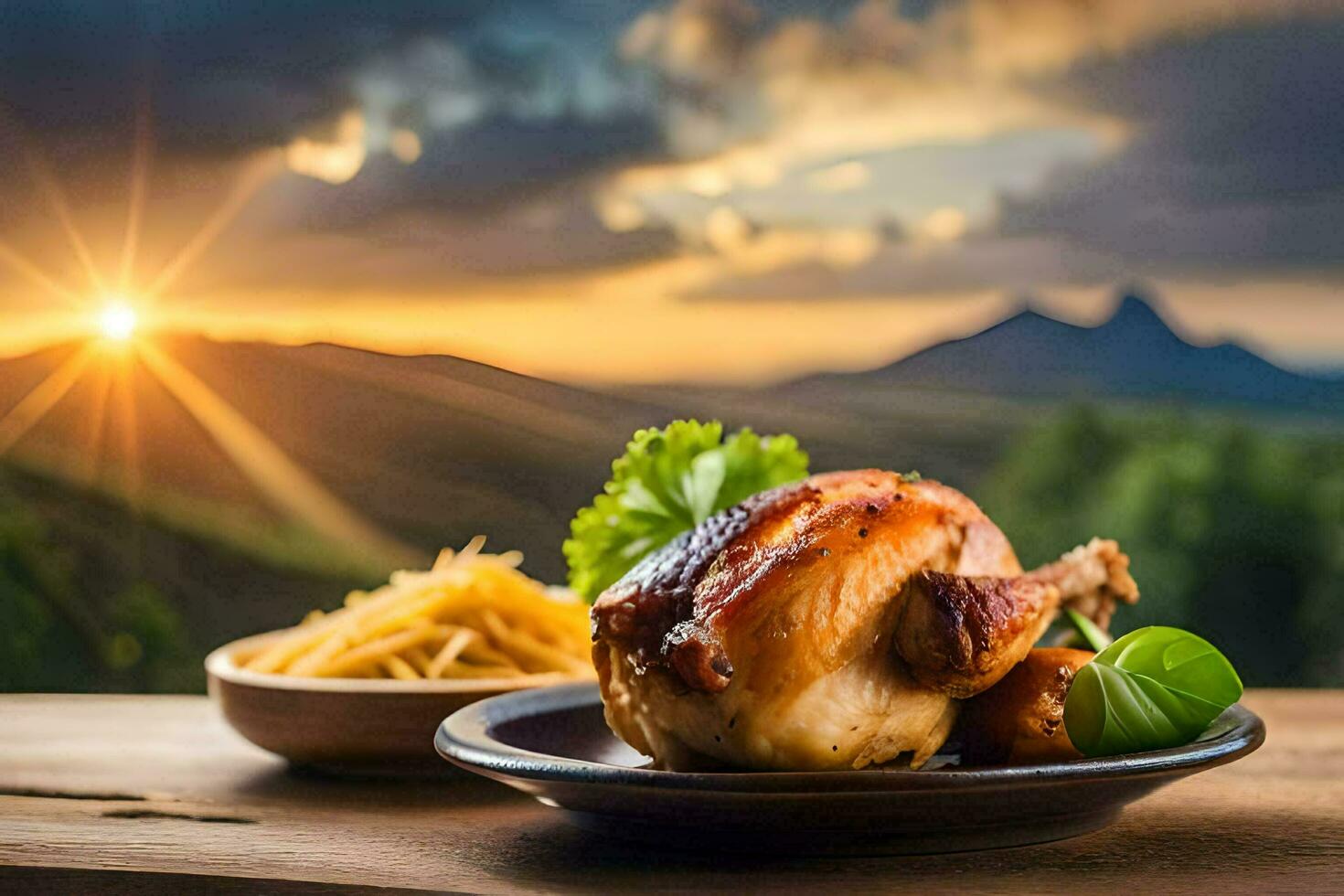 chicken on a plate with a bowl of pasta on a wooden table. AI-Generated photo