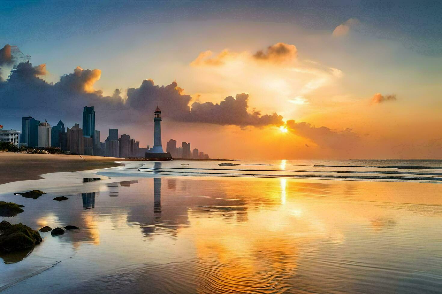 el puesta de sol en el playa en Dubái generado por ai foto