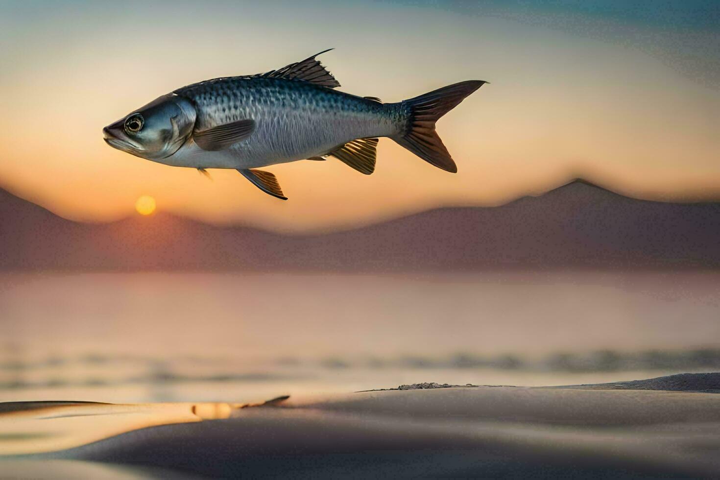 a fish is flying over the water at sunset. AI-Generated photo