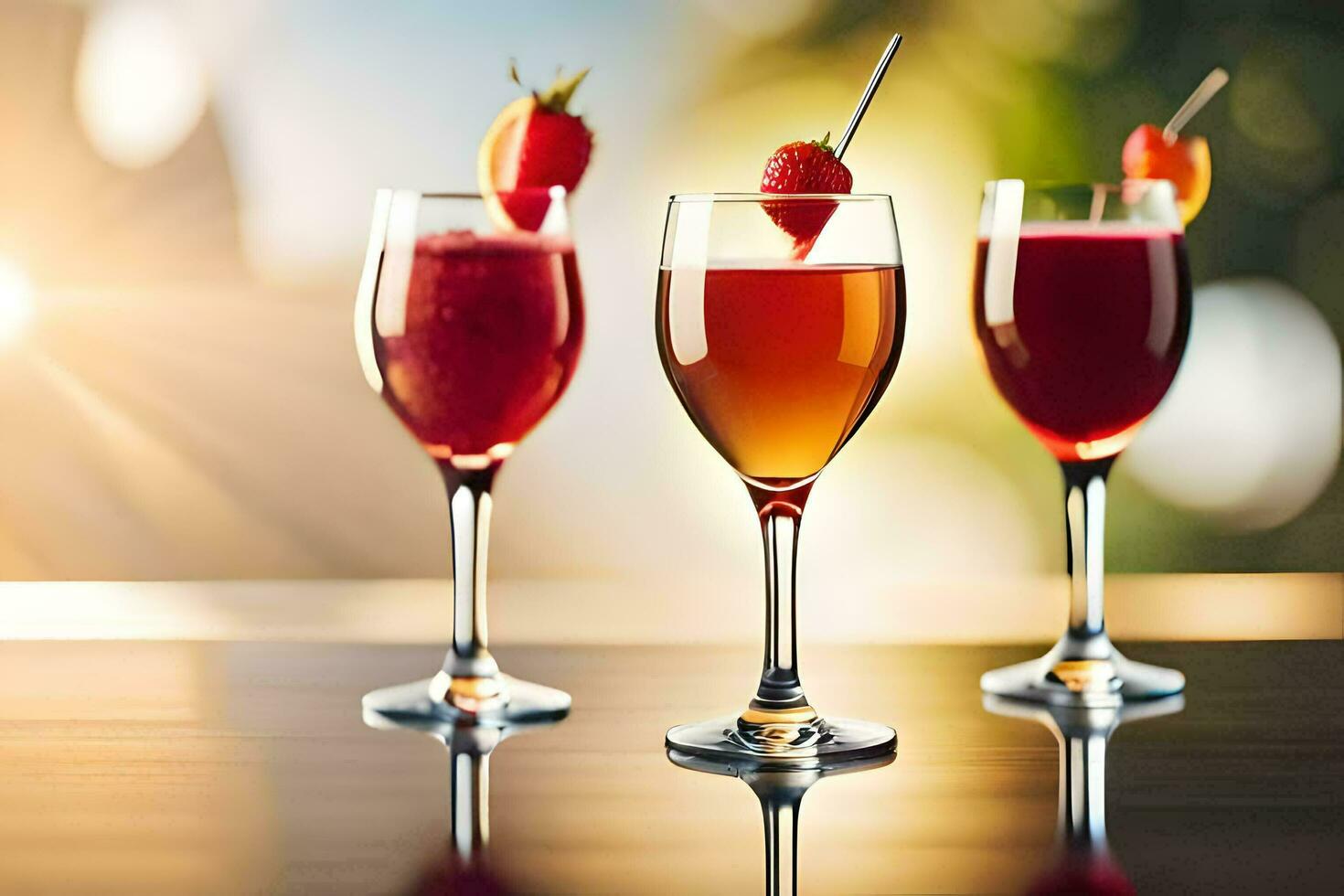 three glasses of wine with strawberries and strawberries. AI-Generated photo