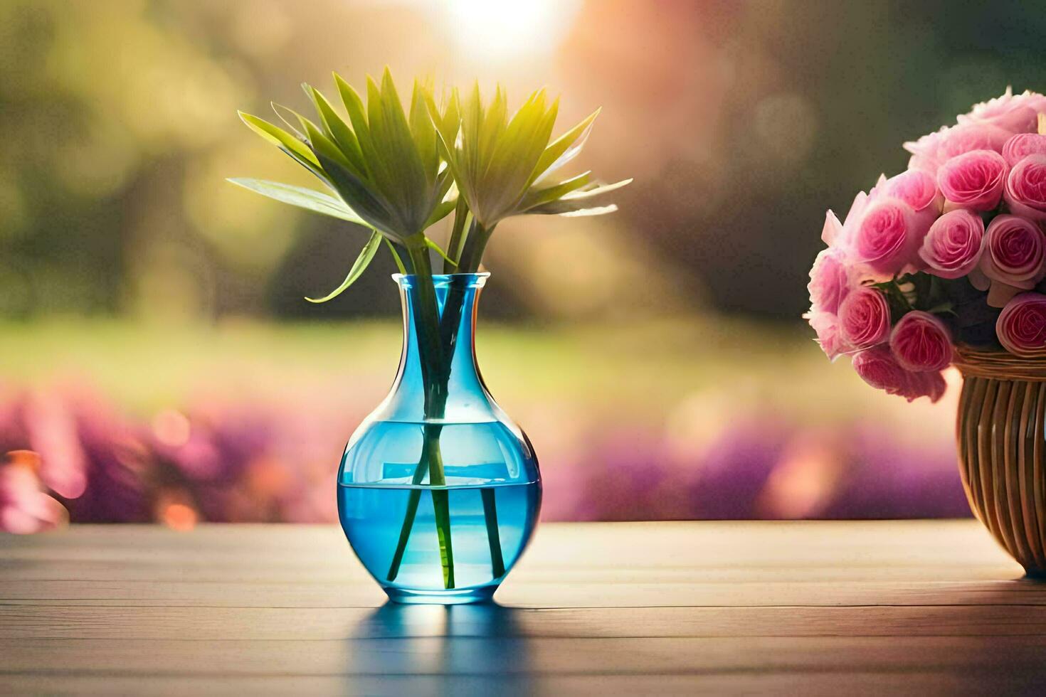 a blue vase with pink flowers on a table. AI-Generated photo