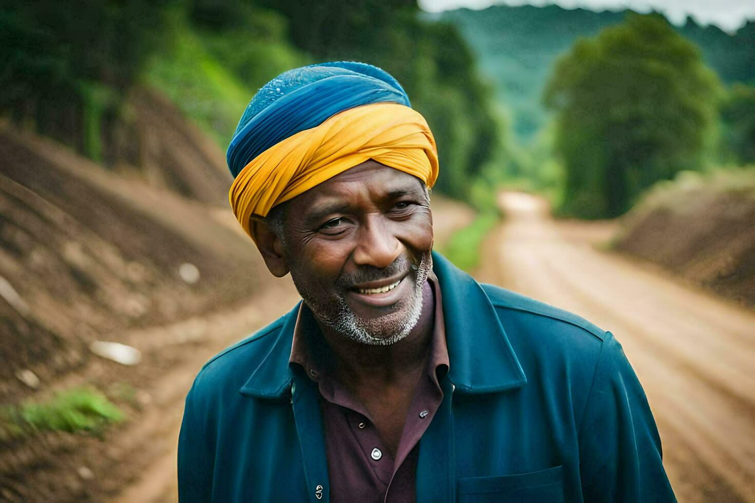 un hombre en un turbante sonrisas mientras caminando abajo un suciedad la carretera. generado por ai foto