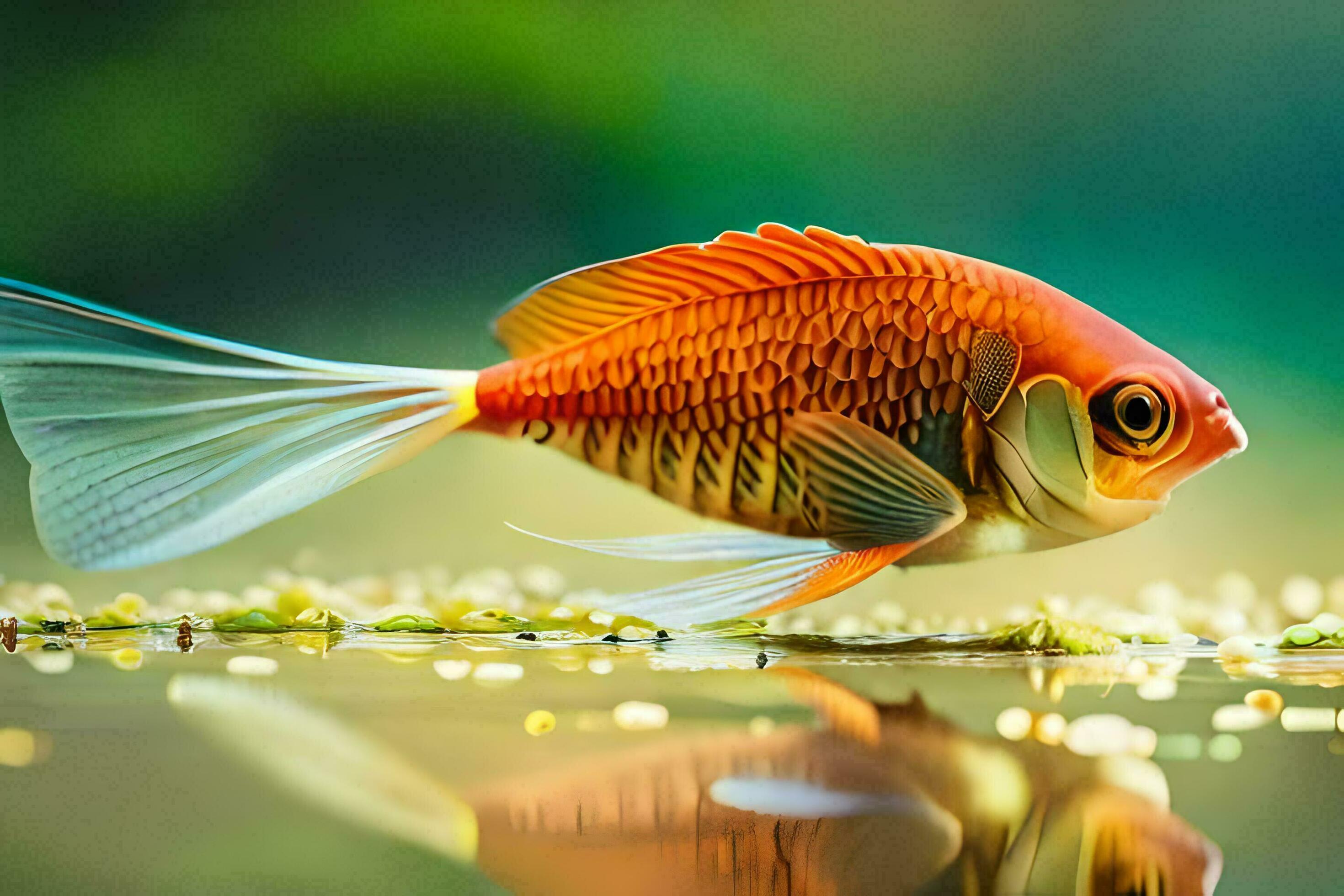 a fish with long tail and white fins is swimming in the water. AI