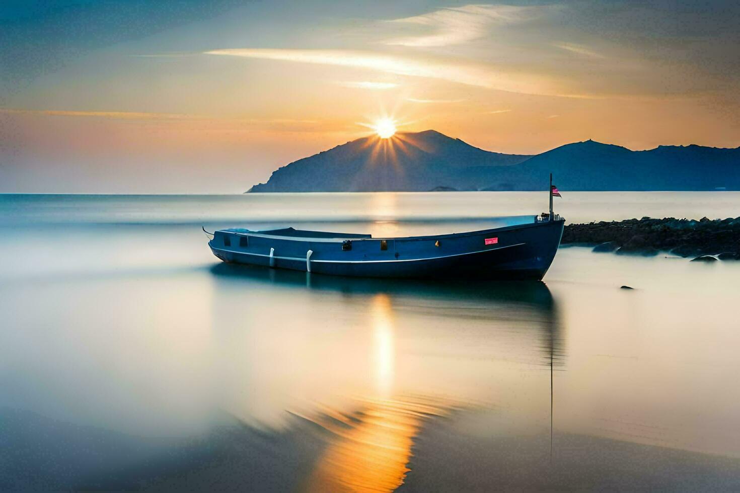 a boat sits on the shore at sunset. AI-Generated photo