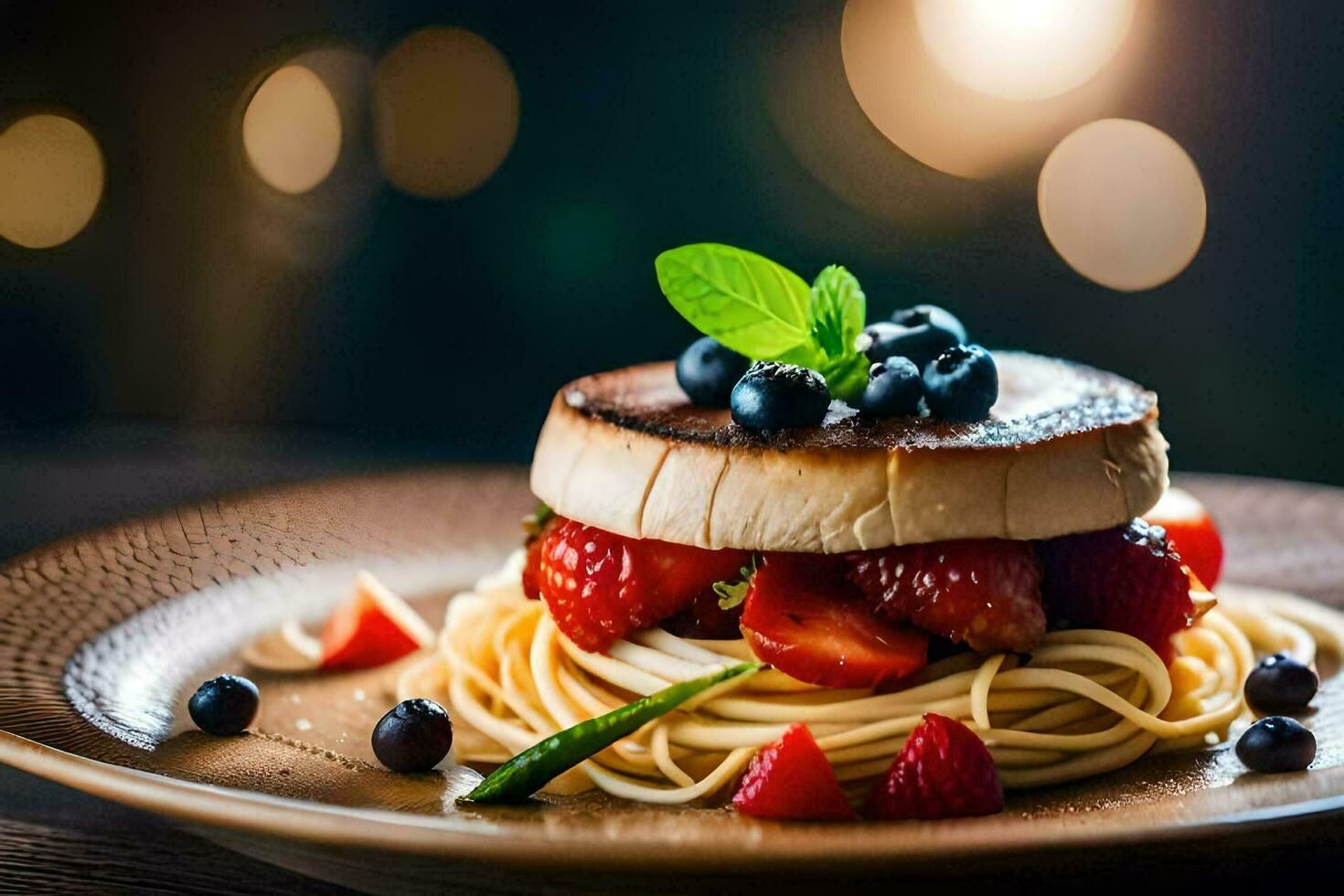 a plate with a cheese and pasta dish on it. AI-Generated photo