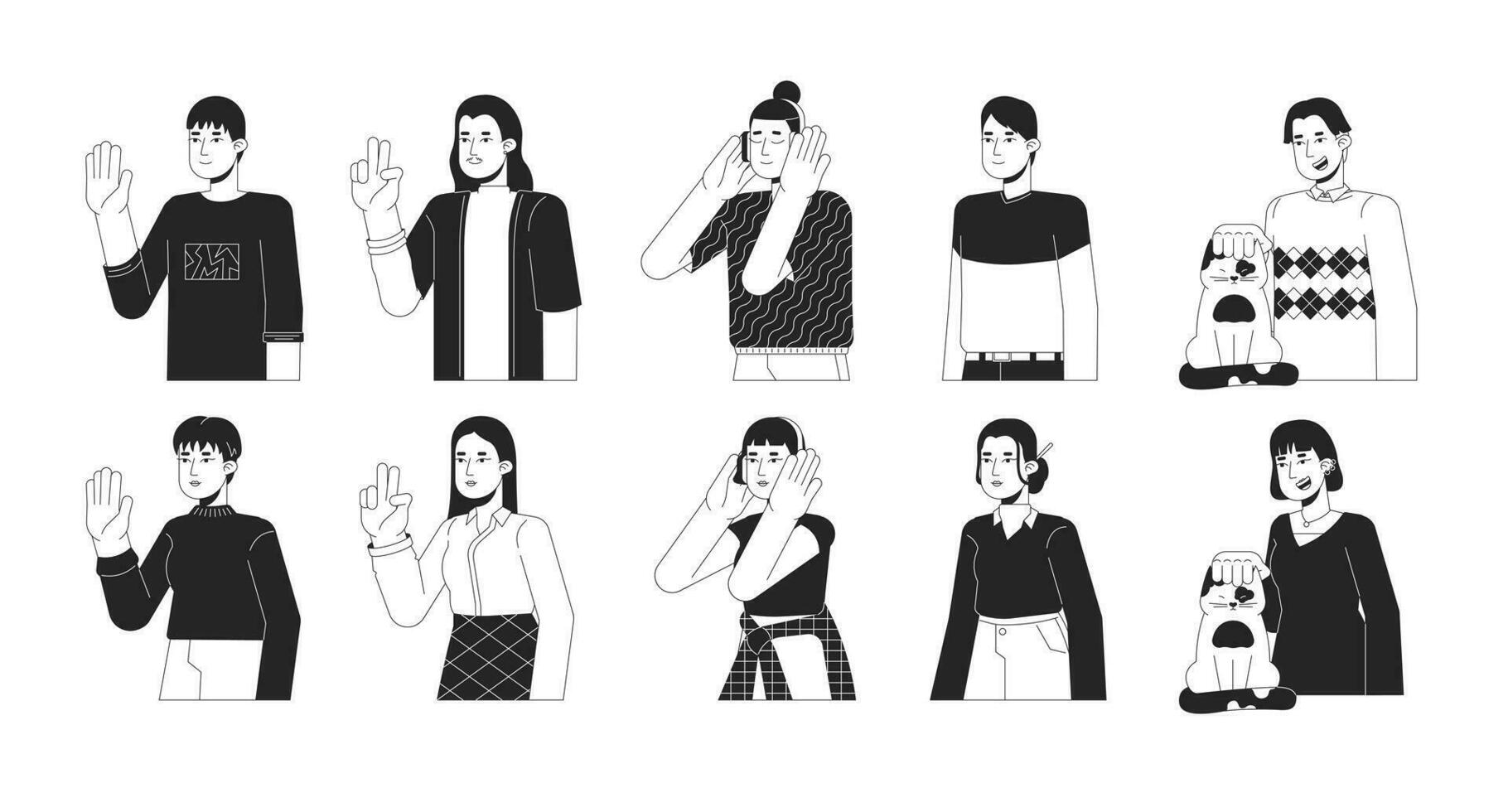 Casual asians black and white 2D line cartoon characters set. Japanese, korean adults isolated vector outline people. Peace fingers, listening music, pet monochromatic flat spot illustration bundle