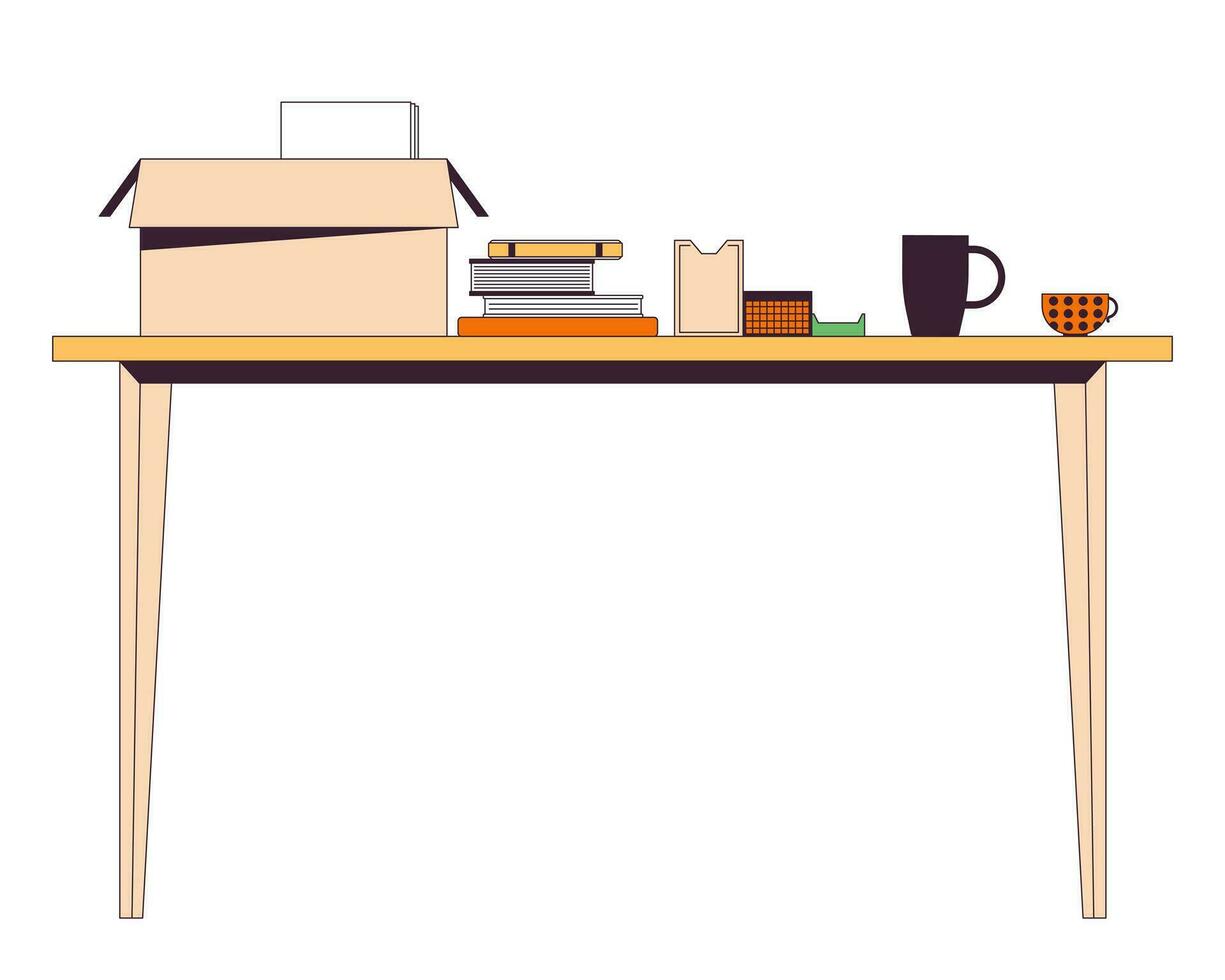 Personal belongings on table 2D linear cartoon object. Packing box with books, cups isolated line vector element white background. Place of work. Moving out preparations color flat spot illustration