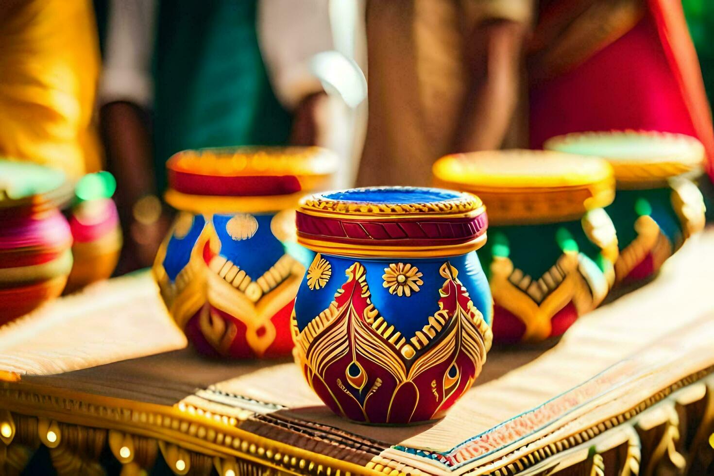 colorful pots sitting on a table with people standing around. AI-Generated photo