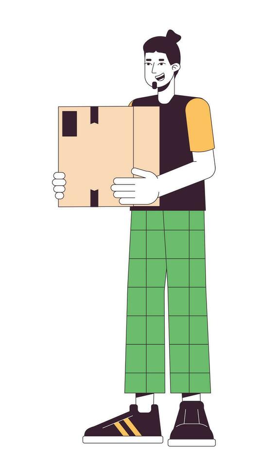 Caucasian adult man holding parcel cardboard box 2D linear cartoon character. European guy carrying package isolated line vector person white background. Home delivery color flat spot illustration