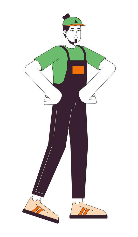 Caucasian man house mover in overalls 2D linear cartoon character. European male handyman in power pose isolated line vector person white background. Determined guy color flat spot illustration