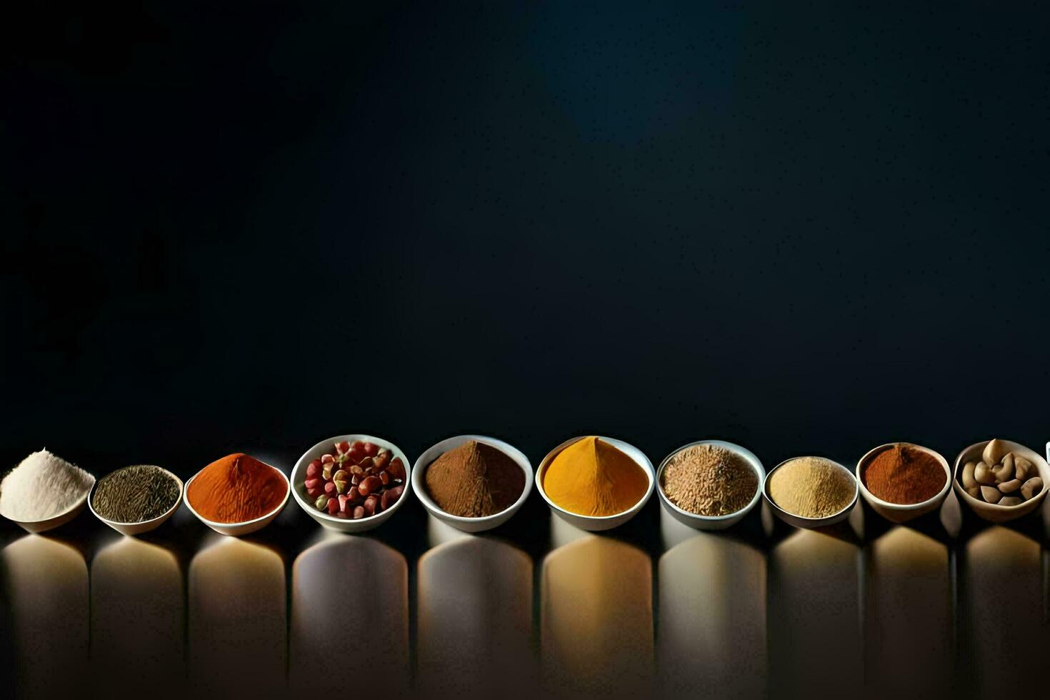 a row of different spices and herbs. AI-Generated photo