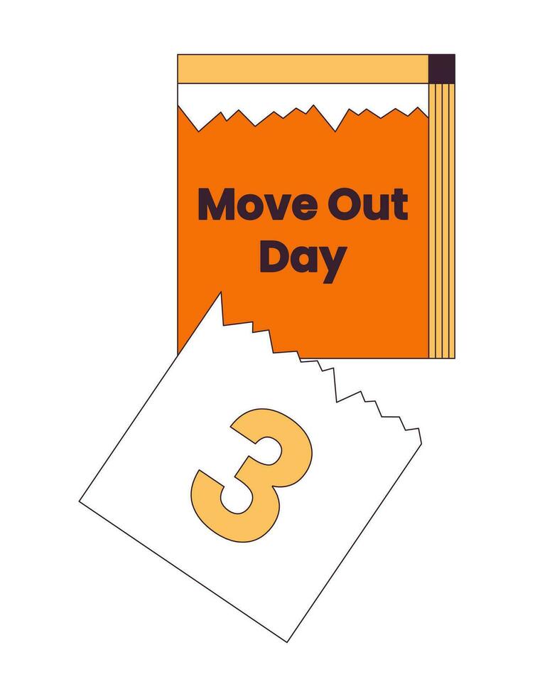 Tear off calendar moving out day 2D linear cartoon object. Countdown calendar to relocation event isolated line vector element white background. Daily reminder moving color flat spot illustration