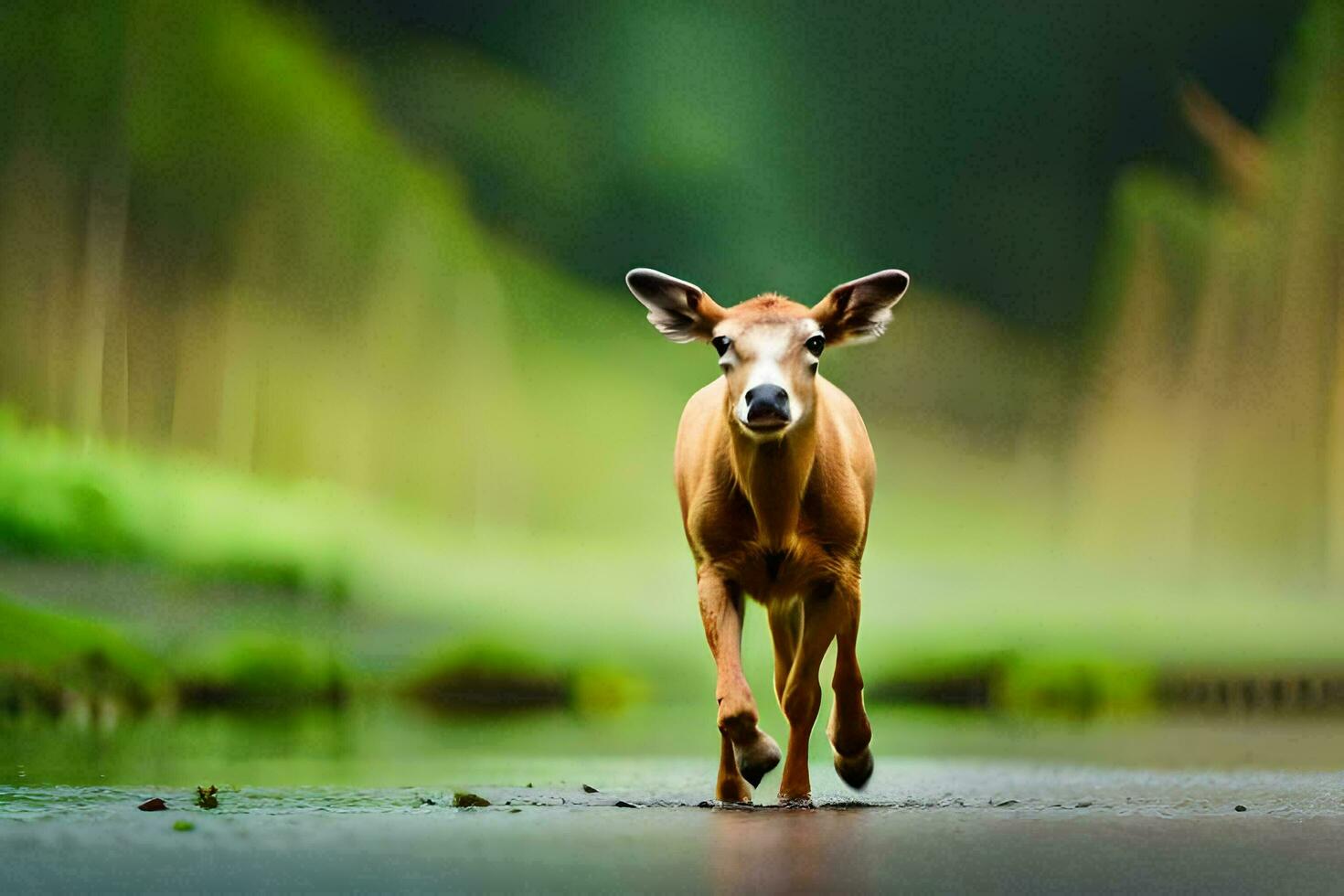 a deer is walking through a puddle in the forest. AI-Generated photo