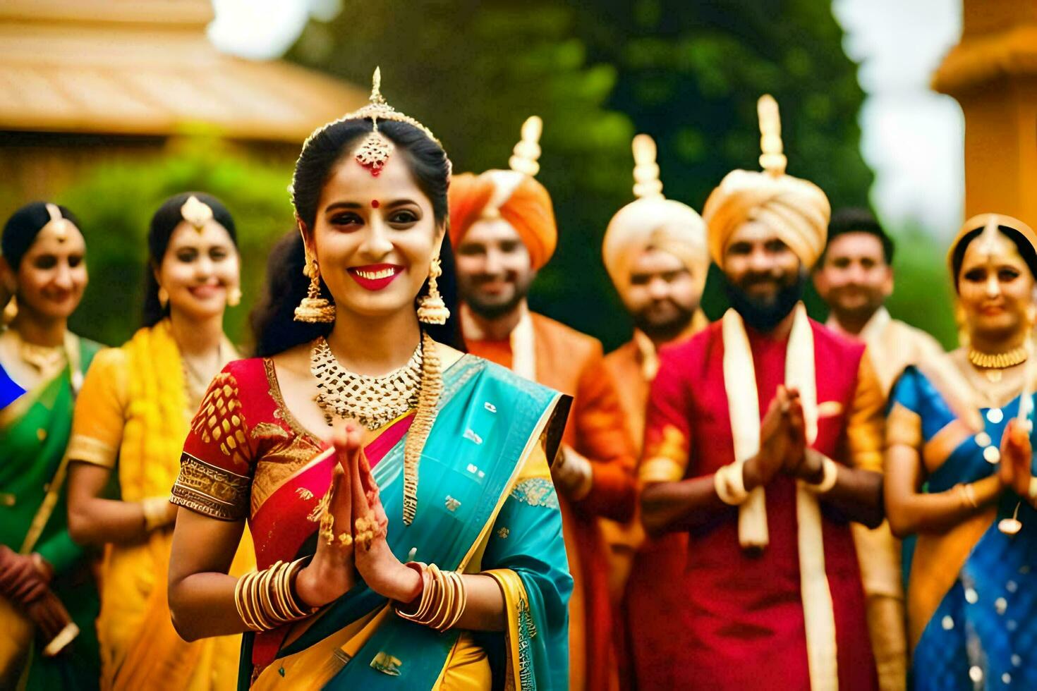 indian wedding party with bride and groom. AI-Generated photo