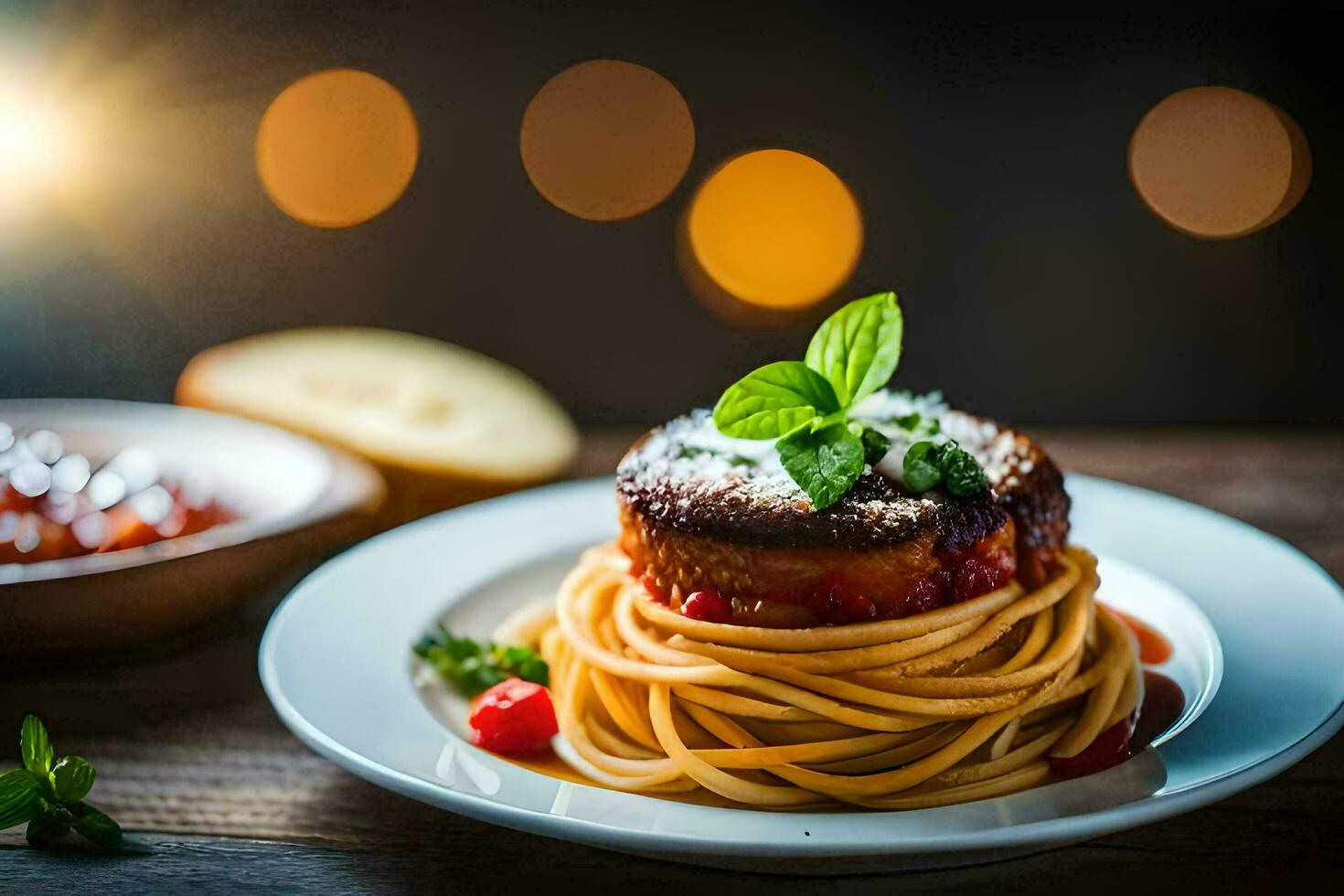 spaghetti with tomato sauce and basil leaves on a plate. AI-Generated photo