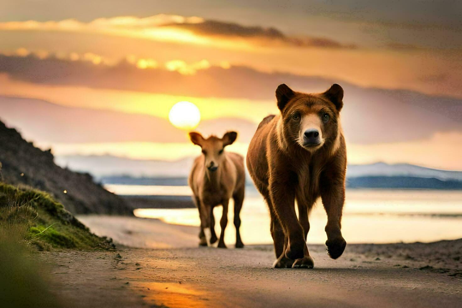 two brown bears walking along the beach at sunset. AI-Generated photo