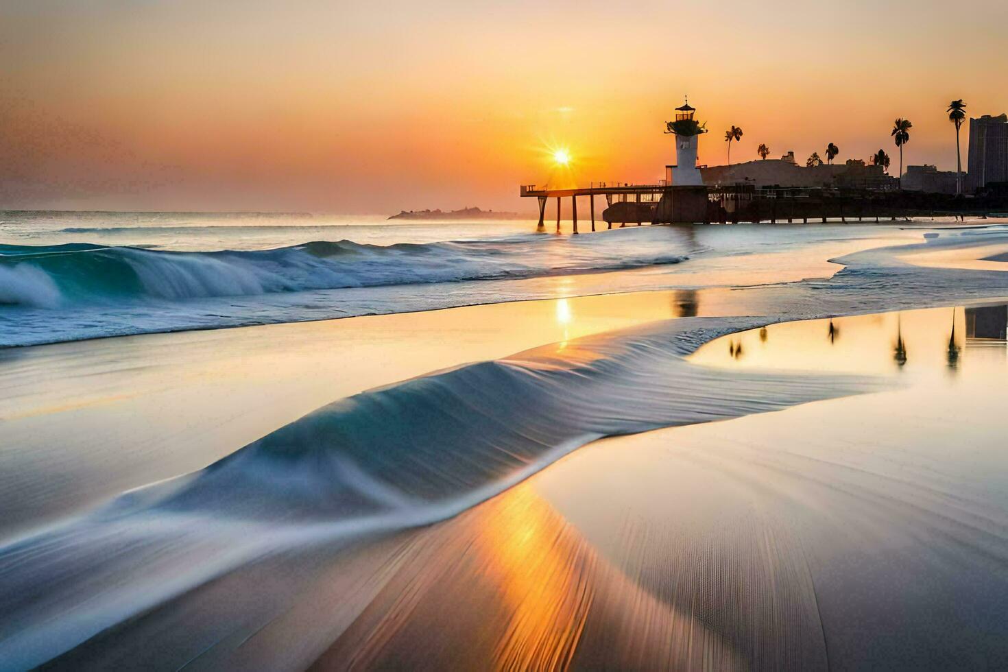 el Dom sube terminado el Oceano y muelle en esta foto. generado por ai foto